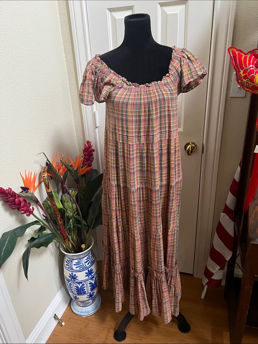 The Great The Nightingale Cotton Tiered Flutter Sleeve Plaid Maxi Dress Sz 1 Sm - Picture 5 of 11